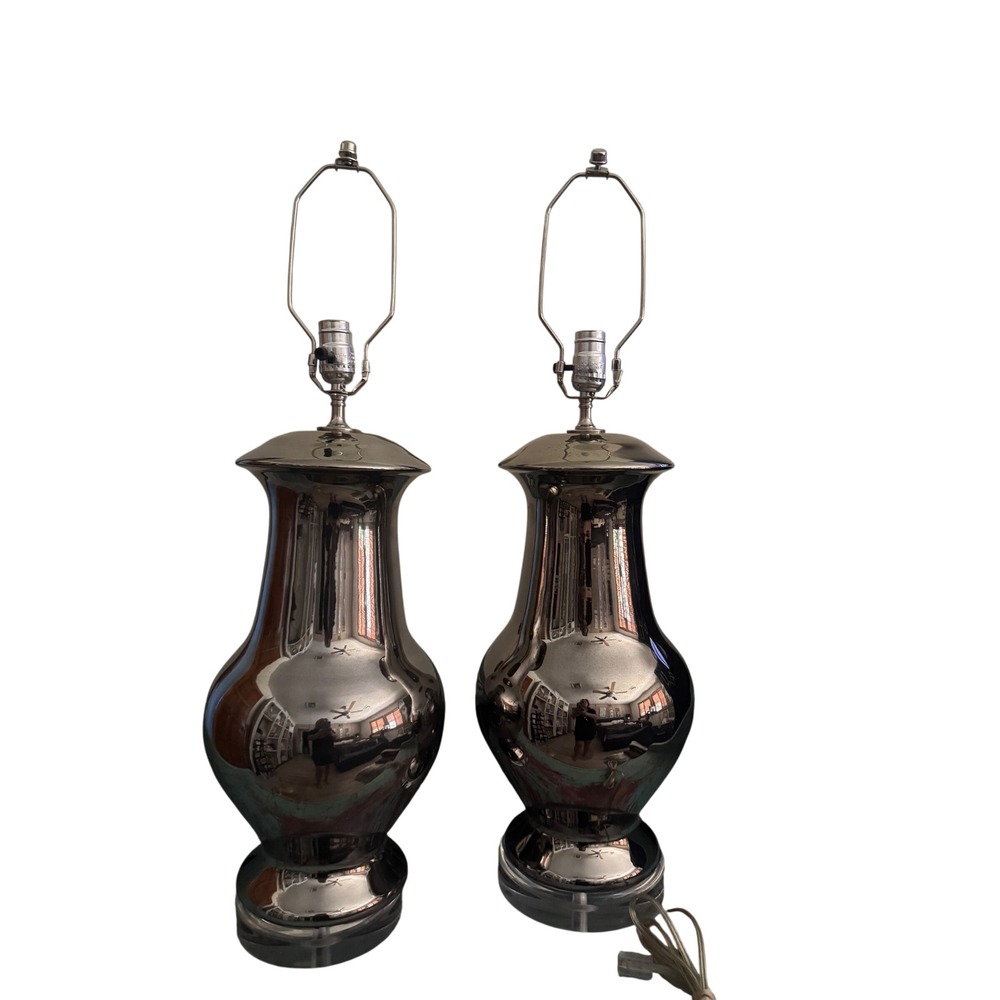 Festoni Mercury Glass Table Lamps Pair Chrome Silver Urn‎ Style Acrylic Base